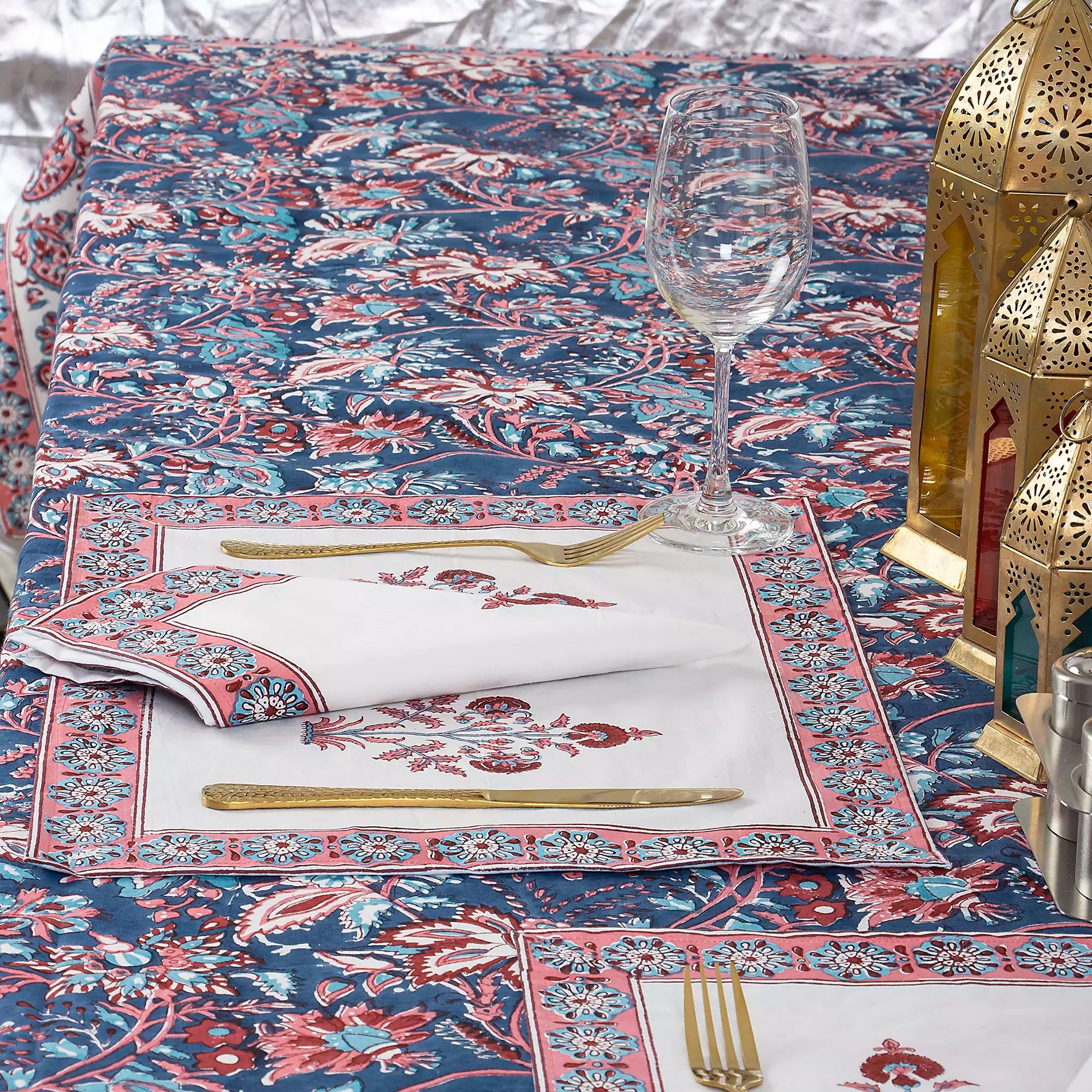 Blue Hand Block Floral Print Pure Cotton Dining Table Cover